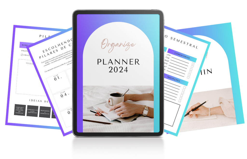 mockup de planner em ipad e folhas de papel